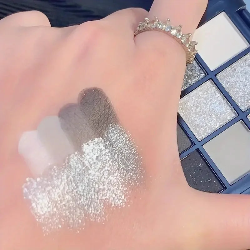 Black Swan 9-Color Eyeshadow Palette Mesmerizing Glitter Glam,Dramatic Smoky Punk Effects,Hues in Light Gray&Dark Silver Makeup Quake