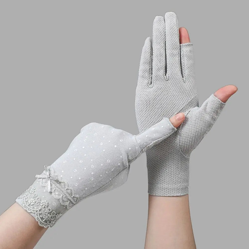 Summer UV Protection Sunscreen Gloves Lace Thin Anti-UV Mittens Elastic Slip Resistant Sun Protection Gloves Women Girls Quake Light grey