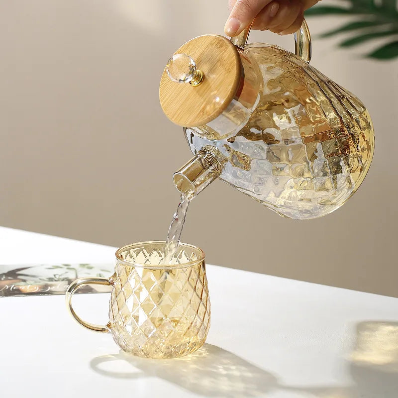 Glass Tea Kettle With Bamboo Lid And Removable Filter Spout Champagne Teapot For Loose Leaf Blooming Tea And Fruit Tea 1/15/1.8L Quake