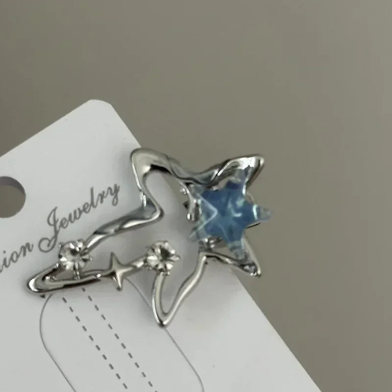Y2K Blue Silver Alloy Hair Clip Korean Simple Girls Blue Rhinestone Star Metal Duckbill Clip Bangs Side Clip Hair Accessories Quake wjx