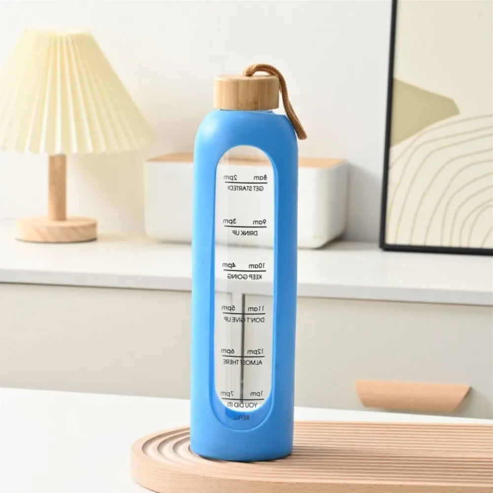 Trendy Time-marked Glass Water Bottles Bamboo Lid Sport Silicone Sleeve Drink Bottle Free of Lead Sports Water Cup Quake sky blue 1.0L