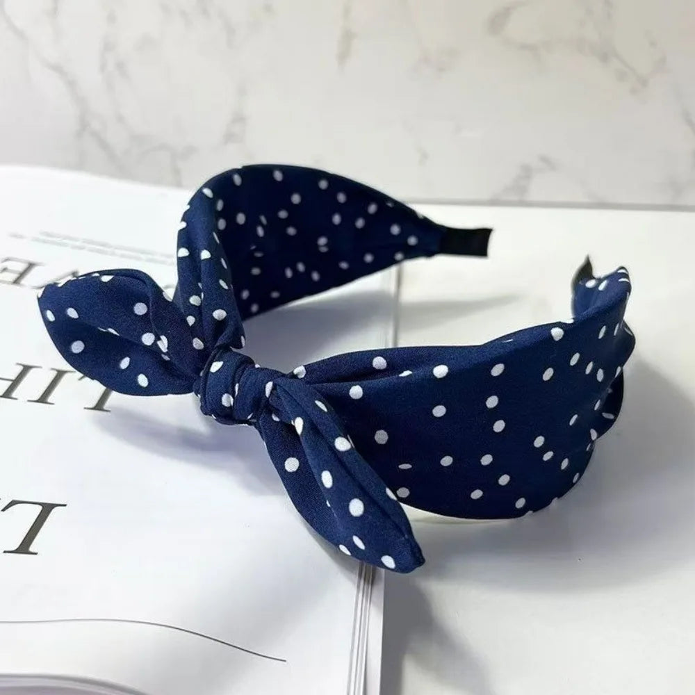 Retro Polka Dot Bow Headband for Women Girls Elegant Wide Edge High Skull Headband Fashion Versatile Hair Styling Accessories Quake Navy