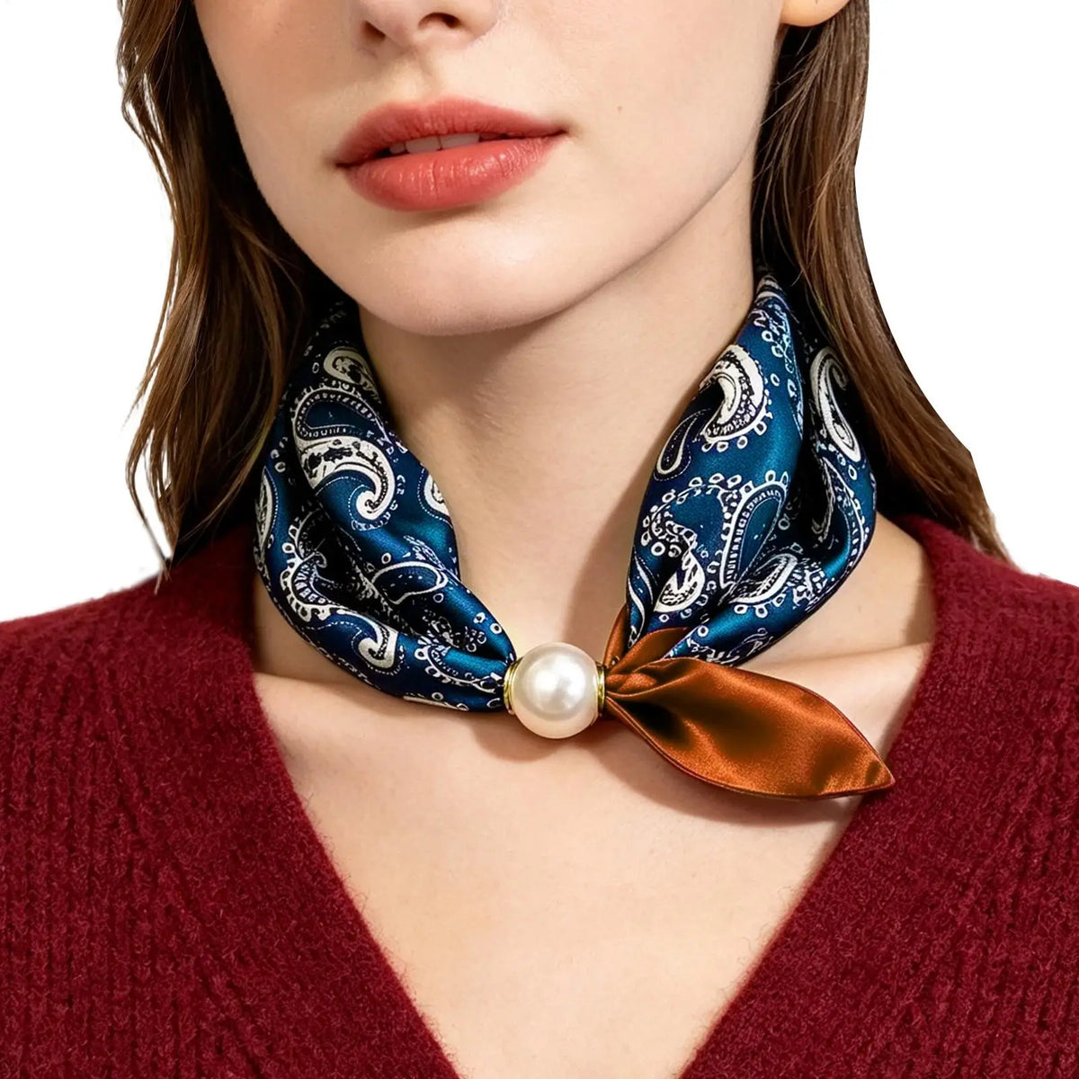 Pearl Magnetic Buckle Scarf Elegant Retro Ice Silk Neckerchief Elegant Pearl Magnetic Scarf for Daily Office Business Meeting Quake