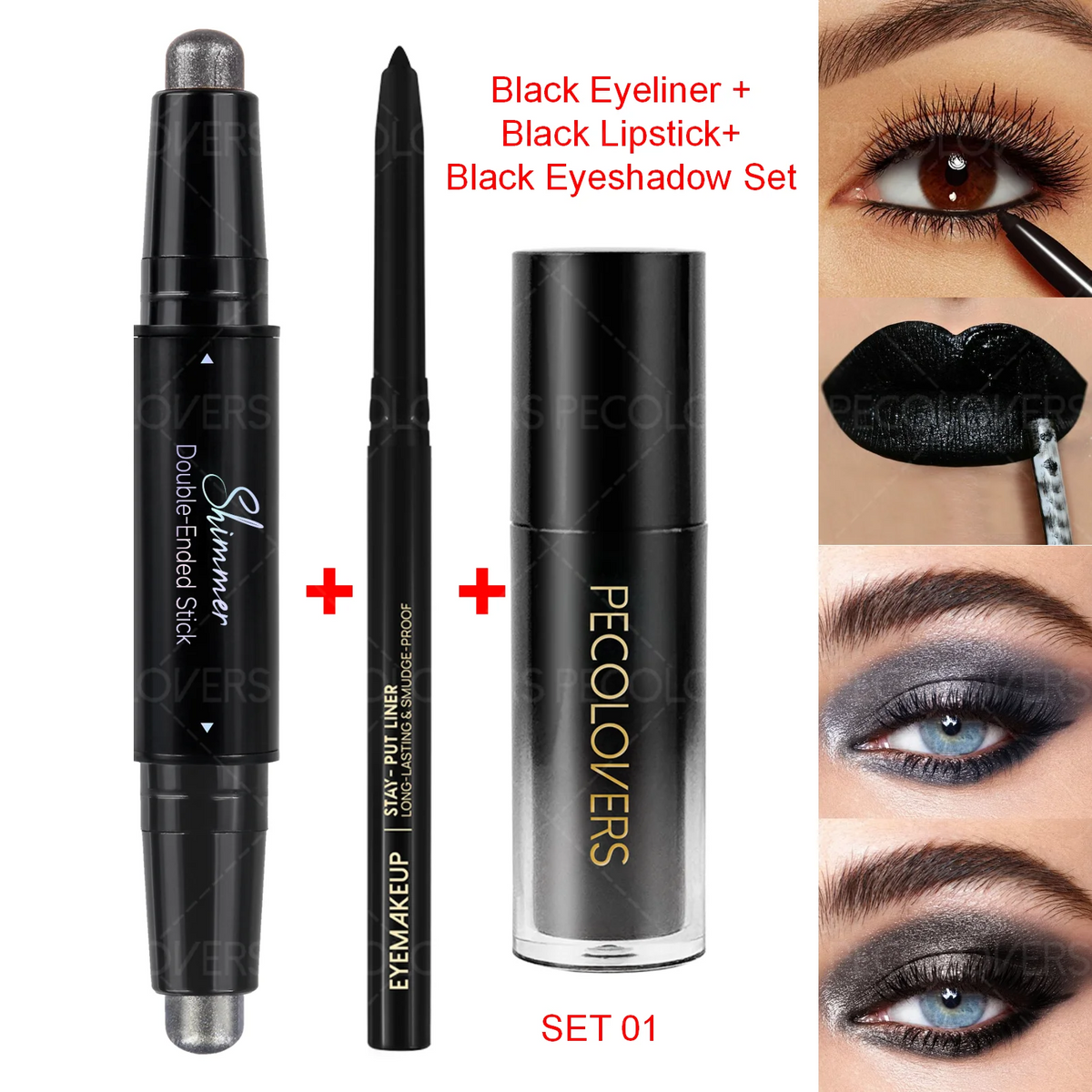 3PCS Face Suit, Black, Lipstick+eye Shadow+eyeliner, Waterproof and Durable, Suitable for Holiday Makeup Quake SET 01
