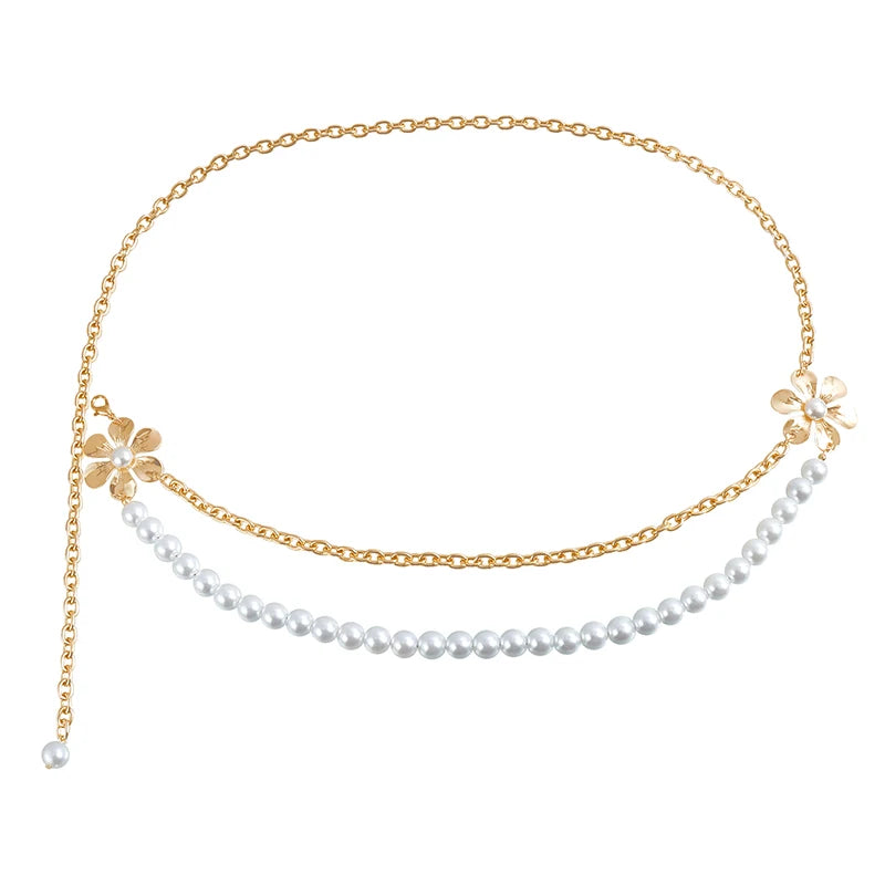 Ladies Fashion Metal Pearl Flowers Waist Chain Women Thin Body Dress Pants Decoration Belts For Girls Luxury Waist Chain Quake 1pcs