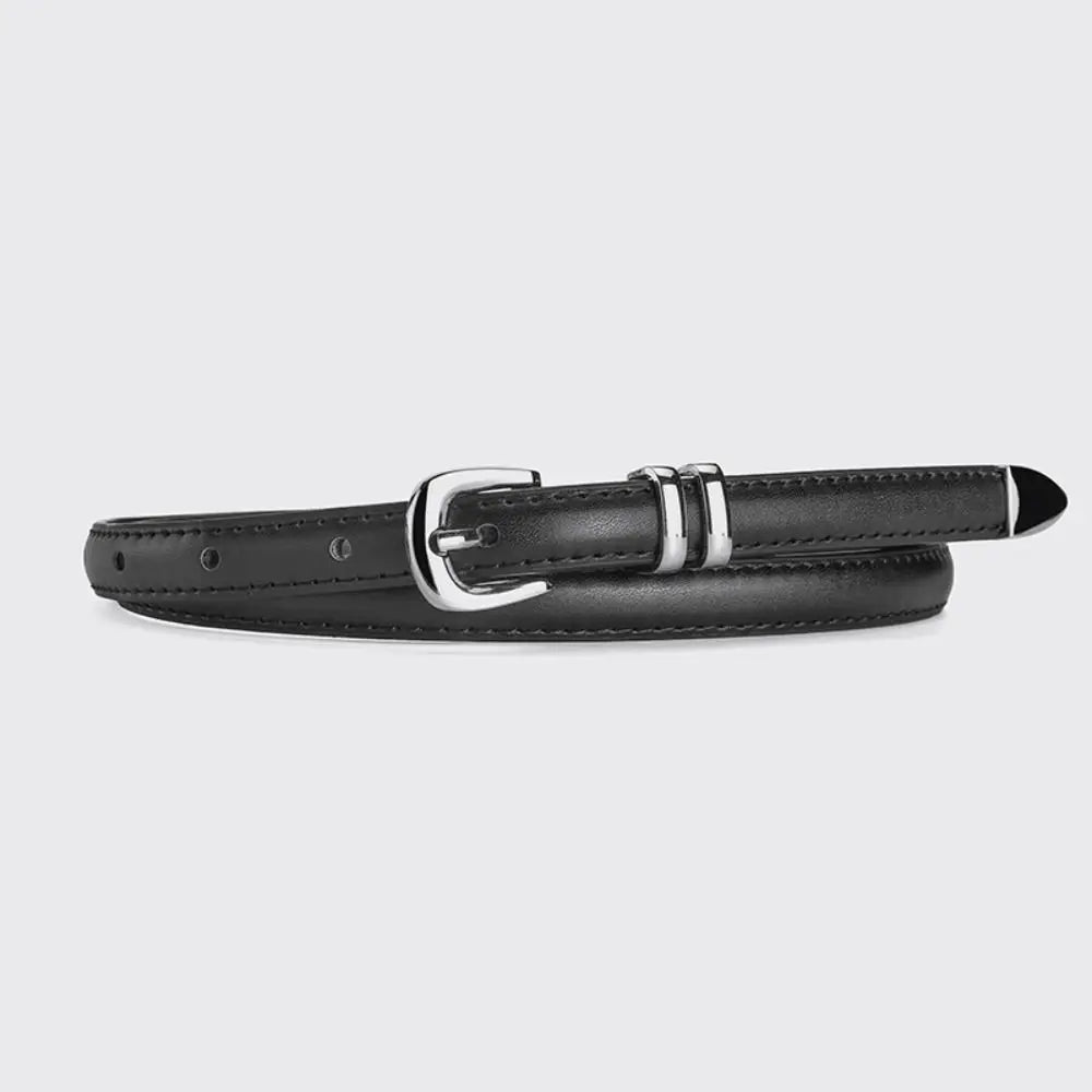 Trend Luxury Design PU Leather Belt Casual Retro Silver Pin Buckle Waistband Versatile Thin Belts Quake black