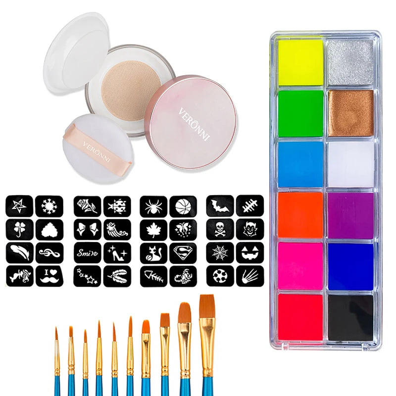 Blacklight UV Glow Paint 12 Colors Fluorescent Neon Oil Face Body Paint Palette Loose Powder Party Cosplay Makeup Cosmetics Quake 4pcs-10brush-03