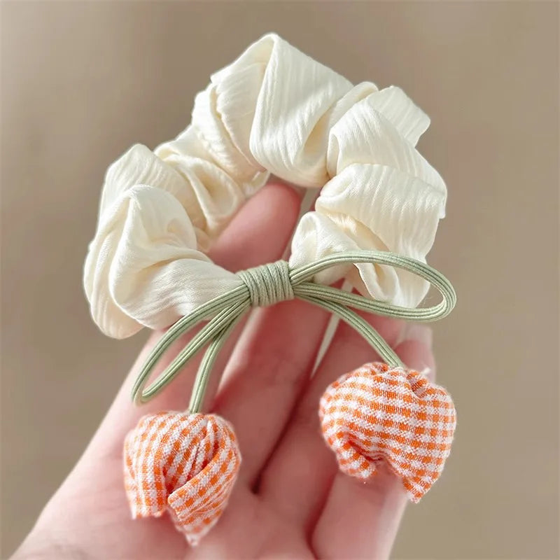 Cream White Pink Tulip Flower Hair Scunchies Satin Bow Hairbands Sweet Cute Ponytail Holder Hair Ropes Hair Styling Accessories Quake Creamy White