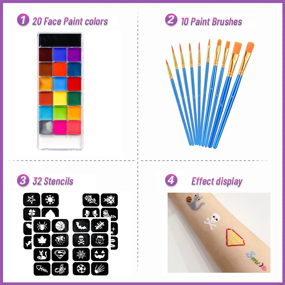 20 Color Face Body Paint Palette,10 Brush + 4 Paint Stencils Ideal for Halloween Cosplay Party SFX Stage Makeup Painting Kit Quake