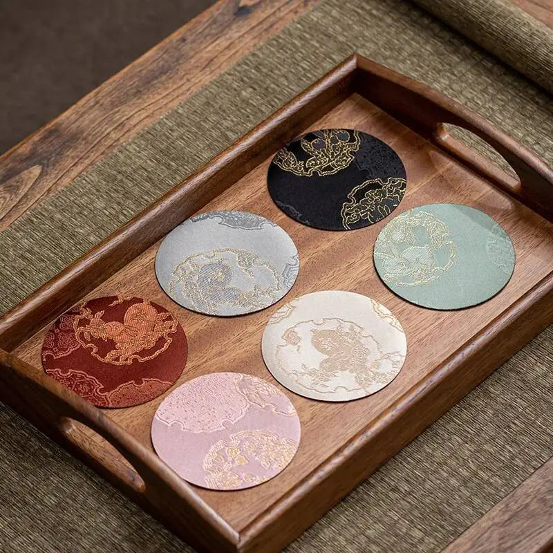 Chinese Tea Set Brocade Coaster Double-Sided Cup Mat Fabric Round Heat Insulation Mat Teapot Mat Diameter 8cm Traditional Quake
