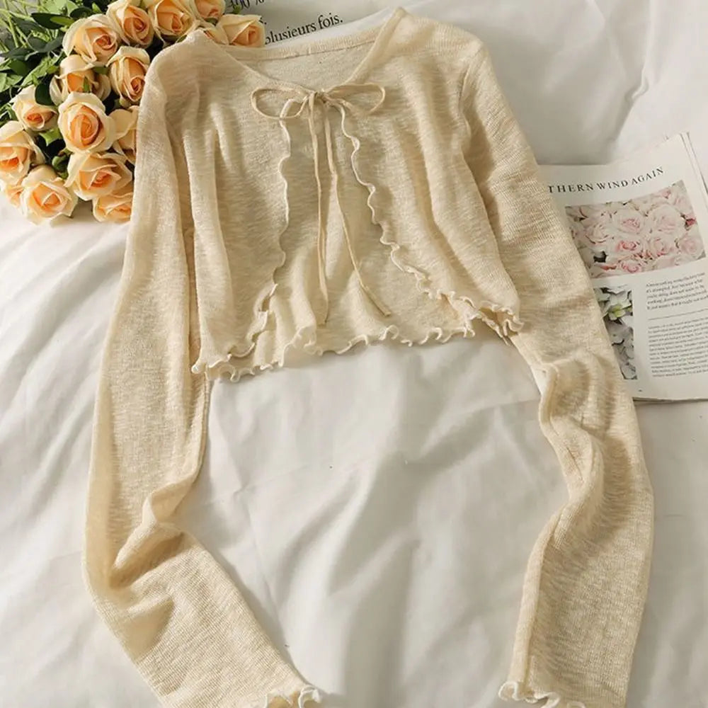 Thin Sunscreen Cardigan Ruffle Design Long Sleeve Sun Protected Polyester Sunscreen Clothing Short Coat Casual Women Quake Apricot