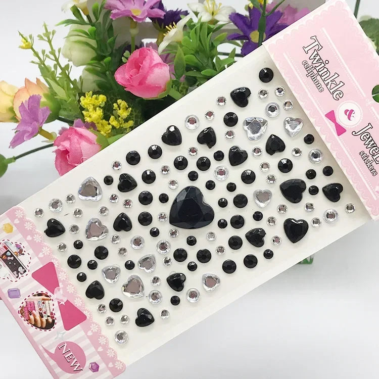 Rhinestone Crystal Face Stickers Diamond Face Makeup DIY Decoration Disposable Acrylic Tattoo Stickers Drill Phone Eyes Sticker Quake Heart-black silver