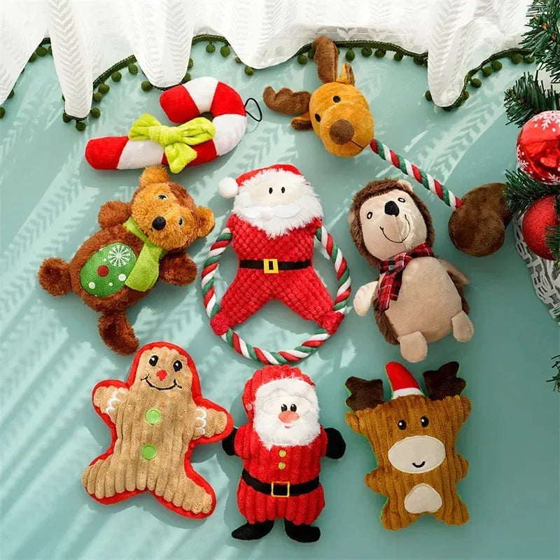 Christmas Dog Chewing Plush Toy - Santa Elk Gingerbread Man Donut Cartoon Series, Squeak Noise Pet Toy Suitable for Dogs and Cat Quake