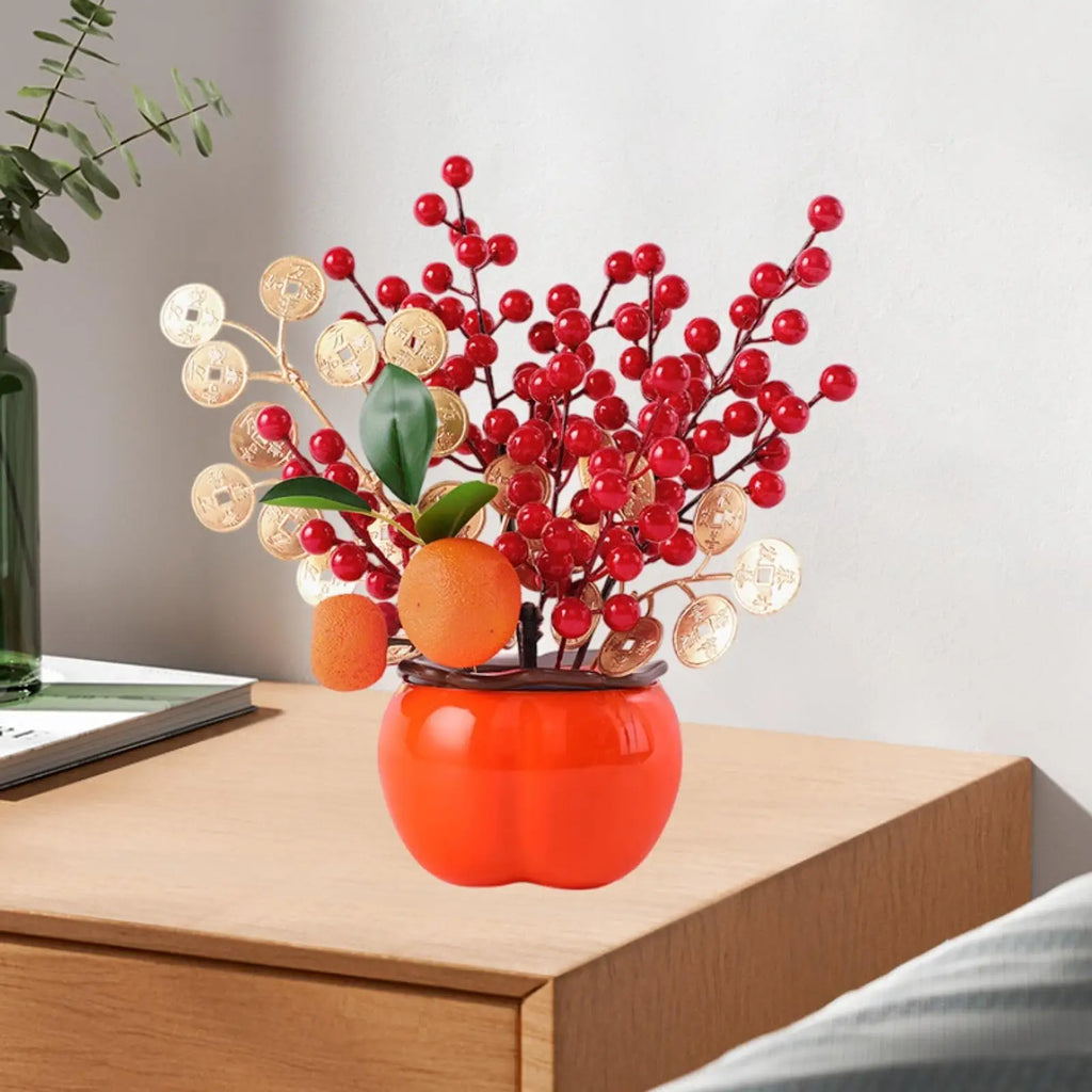 Chinese Lunar New Year Decoration Fake Flower Blessing Bucket Artificial Berry Branches for Restaurant Home Birthday Office Quake Tangerine