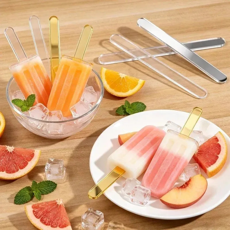 Reusable Clear Ice Cream Sticks Gold Acrylic Popsicle Sticks Cake Candy Desserts Tool for Wedding Party Decor Kitchen Supplies Quake