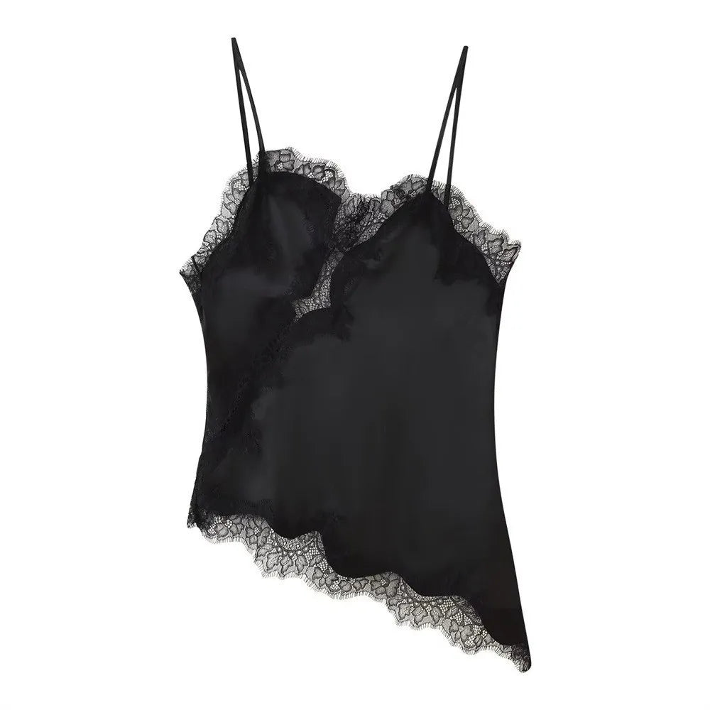 Elegant Asymmetrical Lace Lace Patchwork Top Sexy Lace Sleeveless Camisole Tops Backless Elegant Backless Tops Summer Wear Quake