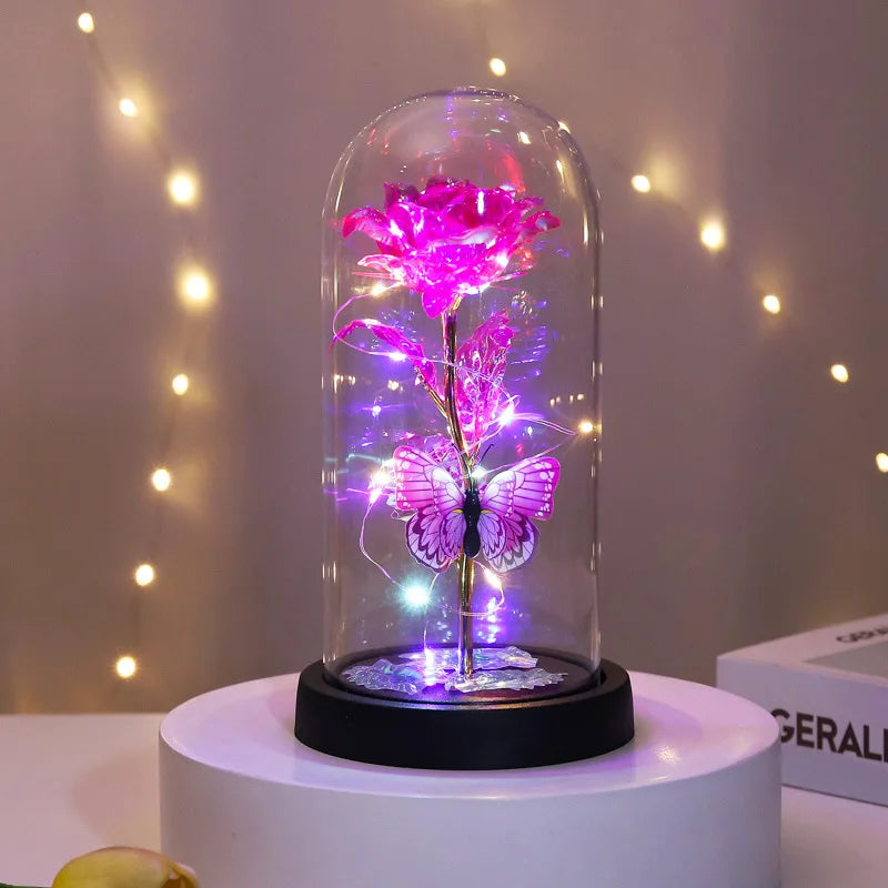 Glass Cover Rose Immortality Flower with Lamp Qixi Valentine's Day Gift Creative Decoration Decorations Quake C glass cover 11.5X23X9CM