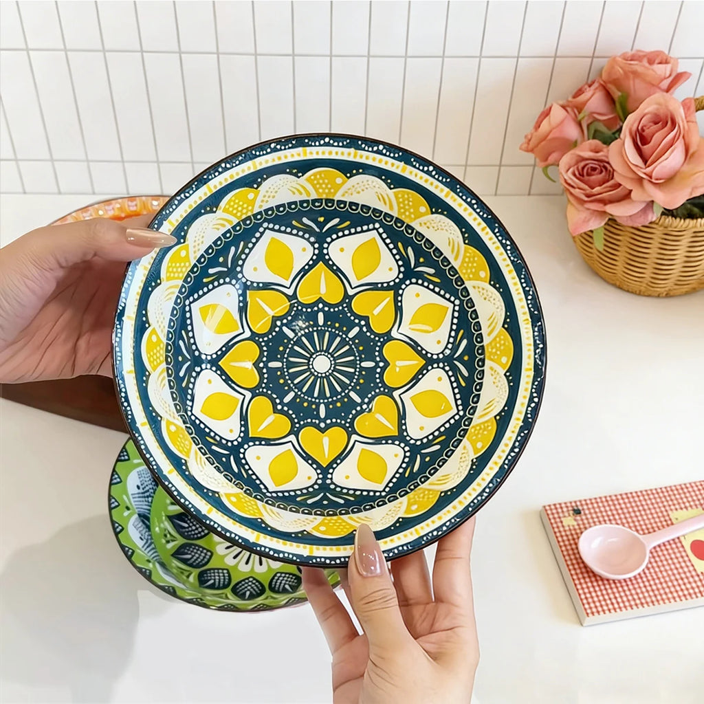1/4-Piece Bohemian Ceramic Soup Bowl Set, 8 Inches in Diameter, Microwave and Dishwasher Safe, Perfect for Daily Meals Quake