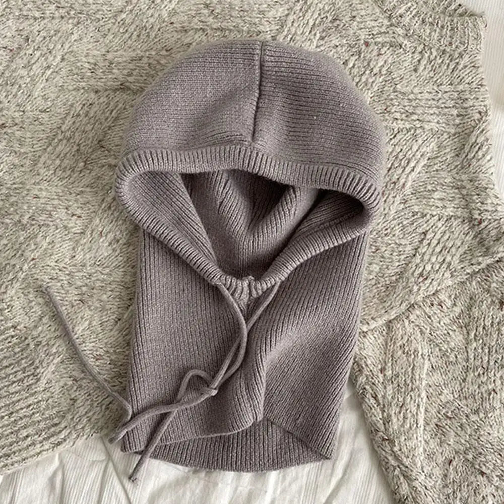 Winter Knitted Hooded Scarf Hat Warm Balaclava Hats Outdoor Ear Protection Beanies Solid Color Warm Drawstring Mask Scarf Cover Quake grey
