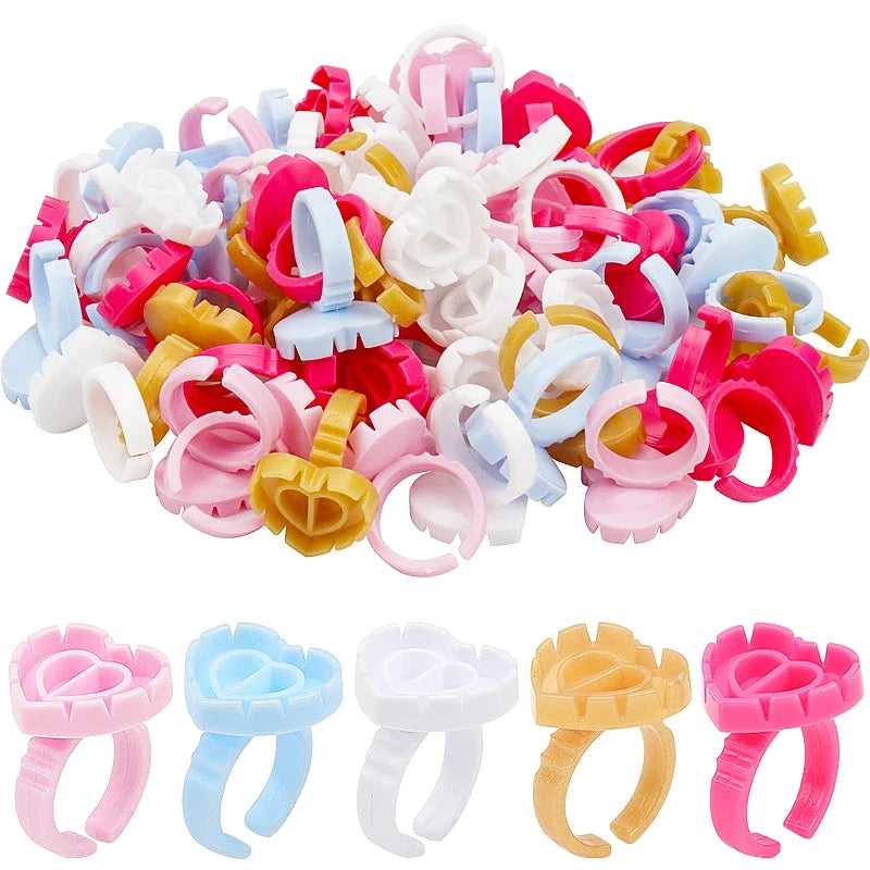 vvocci 100 PCS Heart-shaped Glue Ring Cup Disposable Plastic Eyelash Extension Tattoo Pigment Holder Pallet Lash Makeup Tools Quake M45 mix