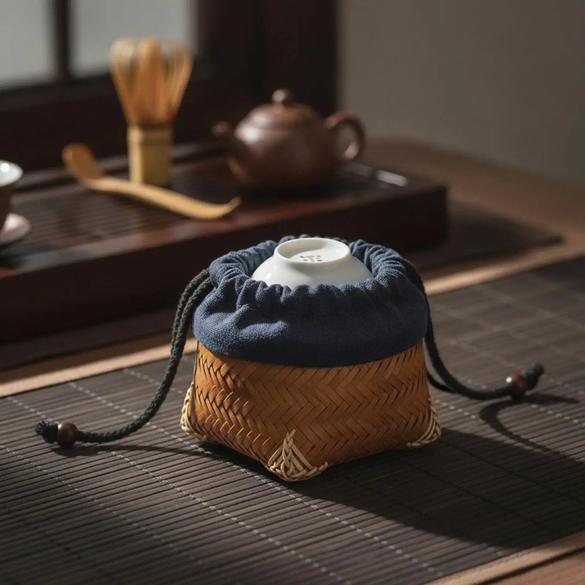 Portable Bamboo Tea Cup Pouch Handwoven Storage Bag Drawstring Cloth Design for Home Travel and Collectible Care Quake Style2
