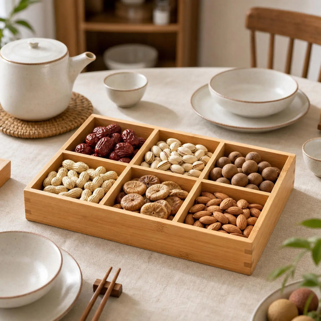 Bamboo Rectangular Serving Tray with Compartments for Candy Nuts and Dried Fruits Versatile Table Decor Tray Quake