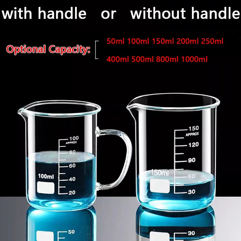 YWDL 50-1000ml High Borosilicate Glass Measuring Cup Heat-resistant Laboratory Beaker With/No Handle Scales Mug Measuring Tools Quake