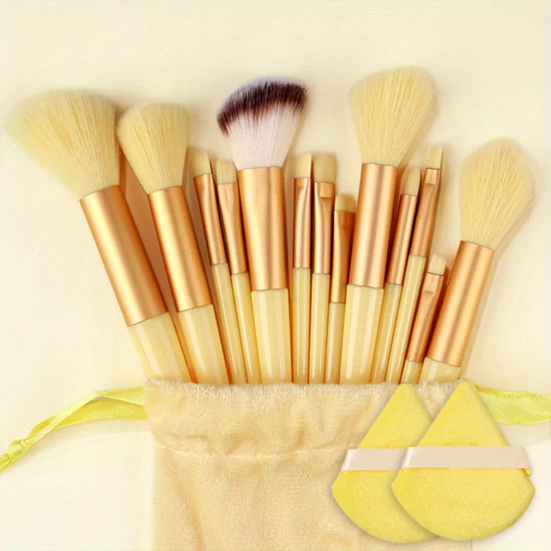 Makeup Brushes Set 13Pcs Premium Synthetic Brush Foundation Powder Blending Concealer Eyeshadow Blush Cosmetics Brushes Travel Quake YELLOW with bag