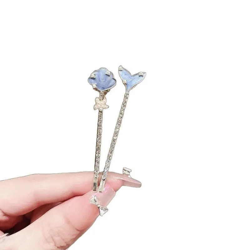 Sweet Girls Sea Blue Color Fish Tail Hair Clip Temperament Water Diamond Side Clip Fashion Bangs Clip Hair Styling Accessories Quake