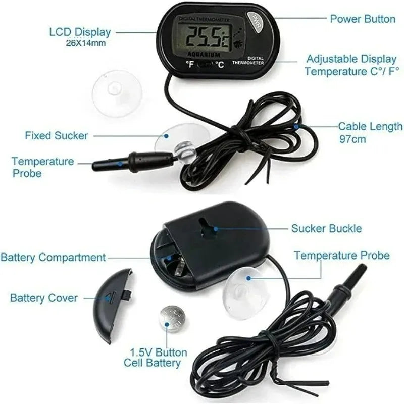 Digital Aquarium Thermometer with Probe Suction Cup Fish Tank Water Electronic Thermometer Measurement Degrees Celsius ℃ Quake