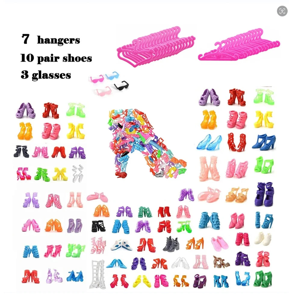 28pcs Fashion Dolls Accessories =1 Gown +3 Dress +2 Suit +2 Swimsuit +3 Glasses +10 Shoes +7 Hanger Clothes for 11.5'' Doll Toys Quake