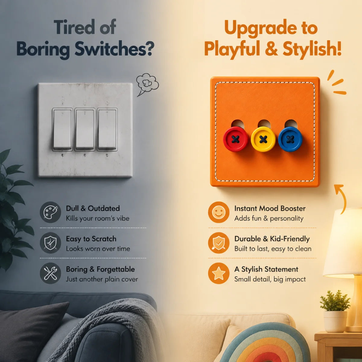 Cute Button Decorative Switch Cover Sticker, Single/Double/Triple Gang Wall Switch Protector, DIY Bedroom Living Room Decor Quake