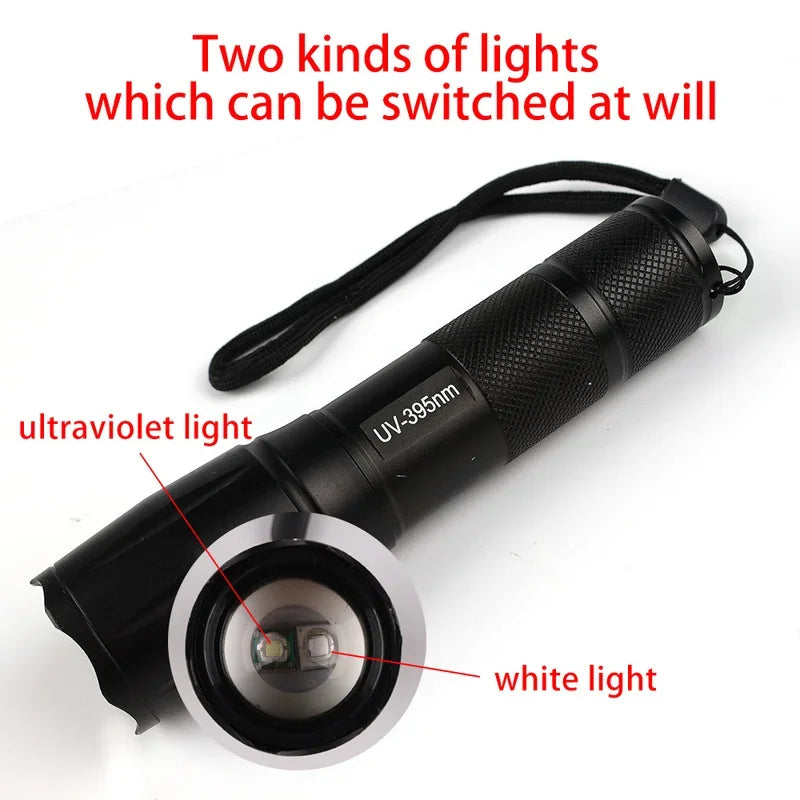 LED Flashlight Ultraviolet White Lamp Double Lamp Retractable Zoom Flashlight Fluorescence Detection Currency Check Light VCK Quake