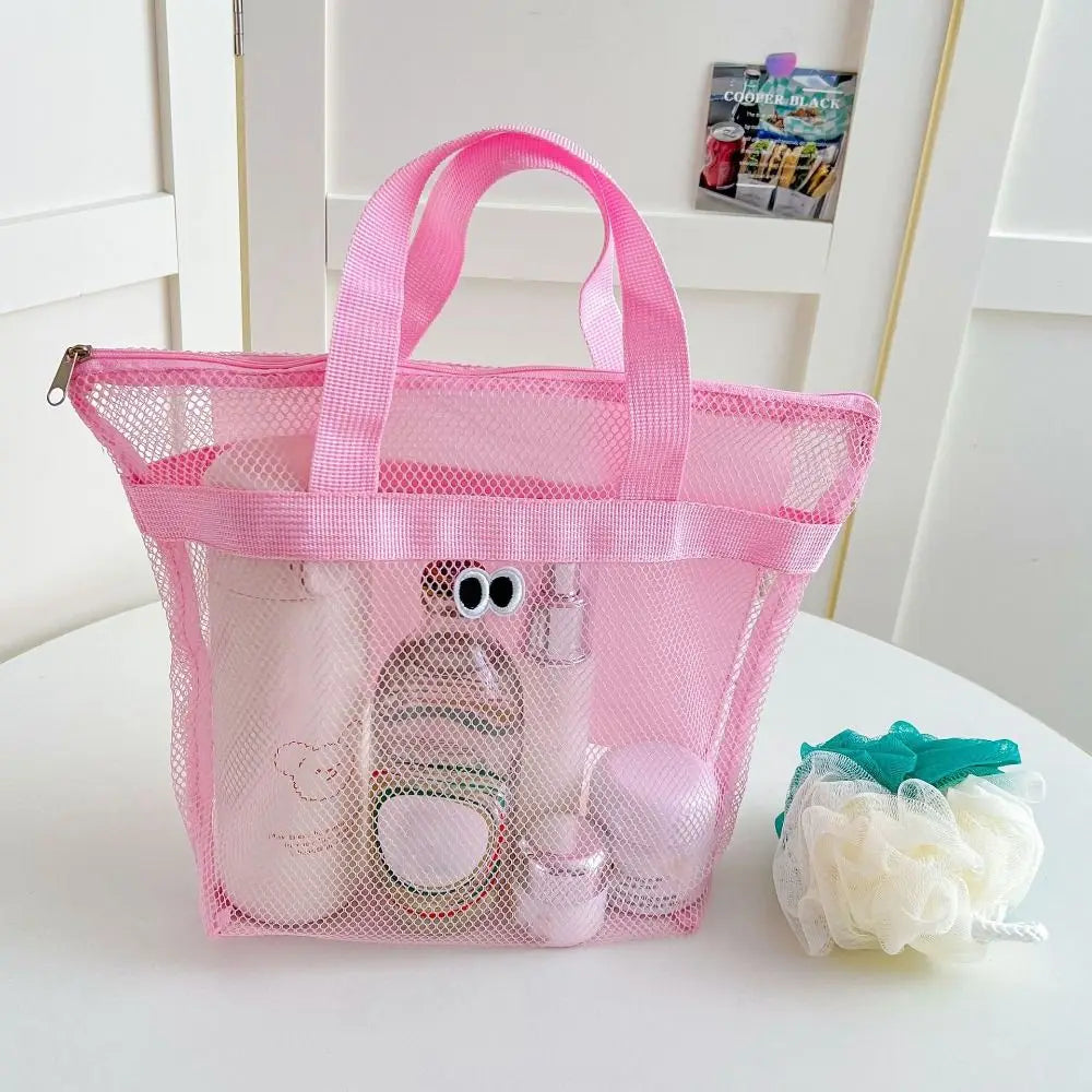 Portable Large Capacity Mesh Wash Bag Breathable Foldable Beach Handbags Cute Swimming Storage Bag Quake Pink