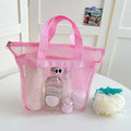 Portable Large Capacity Mesh Wash Bag Breathable Foldable Beach Handbags Cute Swimming Storage Bag Quake Pink