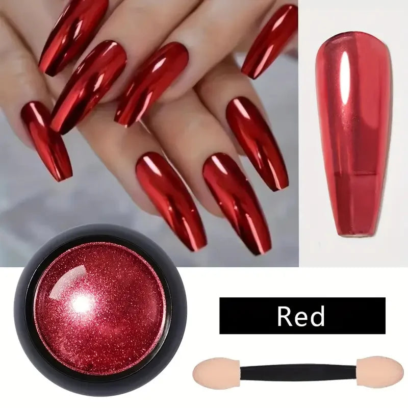 Red Holographic Mirror Nail Powder&Eyeshadow Glitter Lip Makeup 3D Metallic Shine with Free Brush Mirror Mechanical Makeup Effec Quake Red