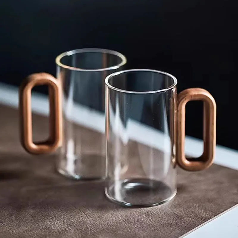 120/200/300/360ml Glass Cups With Walnut Handle Coffee Mug Set Heat-resistant Teacup Household Office Drinking Glasse 2pcs Quake