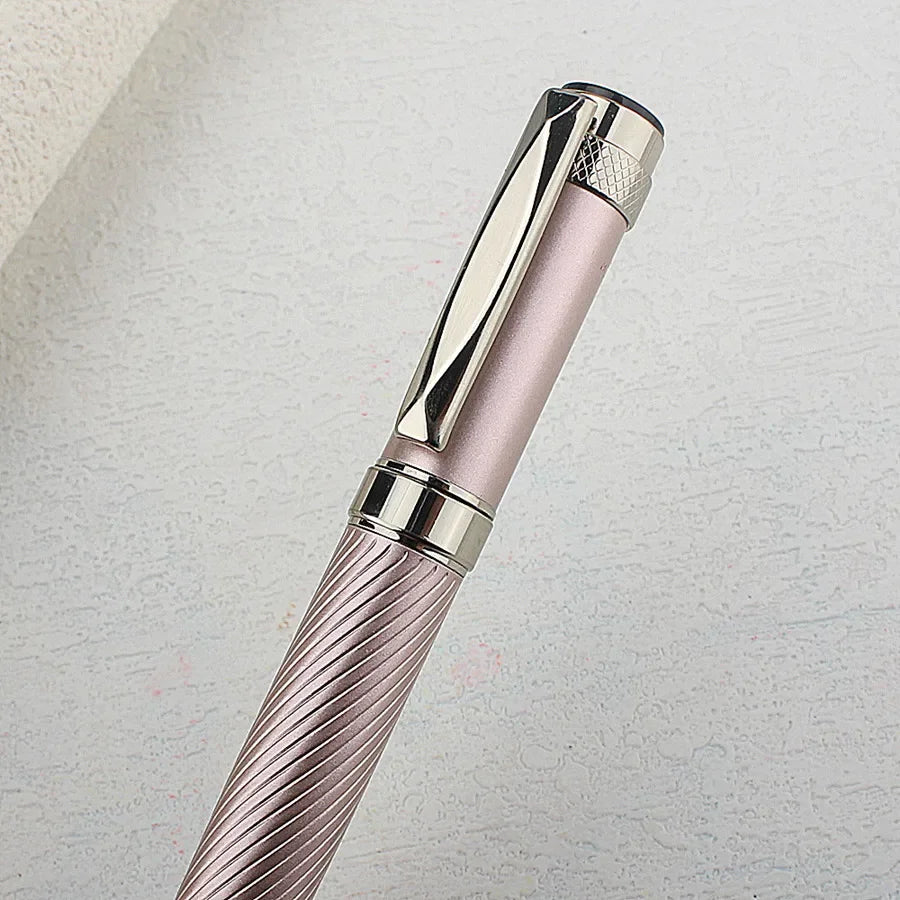 Luxury Rollerball Pens, Stainless Rose Pink Curved Lines Roller Ball Pen for Men Women, School, Office, Executive, Business Quake