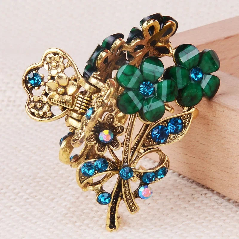 Vintage Crystal Flower Hair Claw Korean Simple Elegant Ponytail Clip Female Ladies Hair Styling Accessories Mother's Day Gifts Quake NO.1