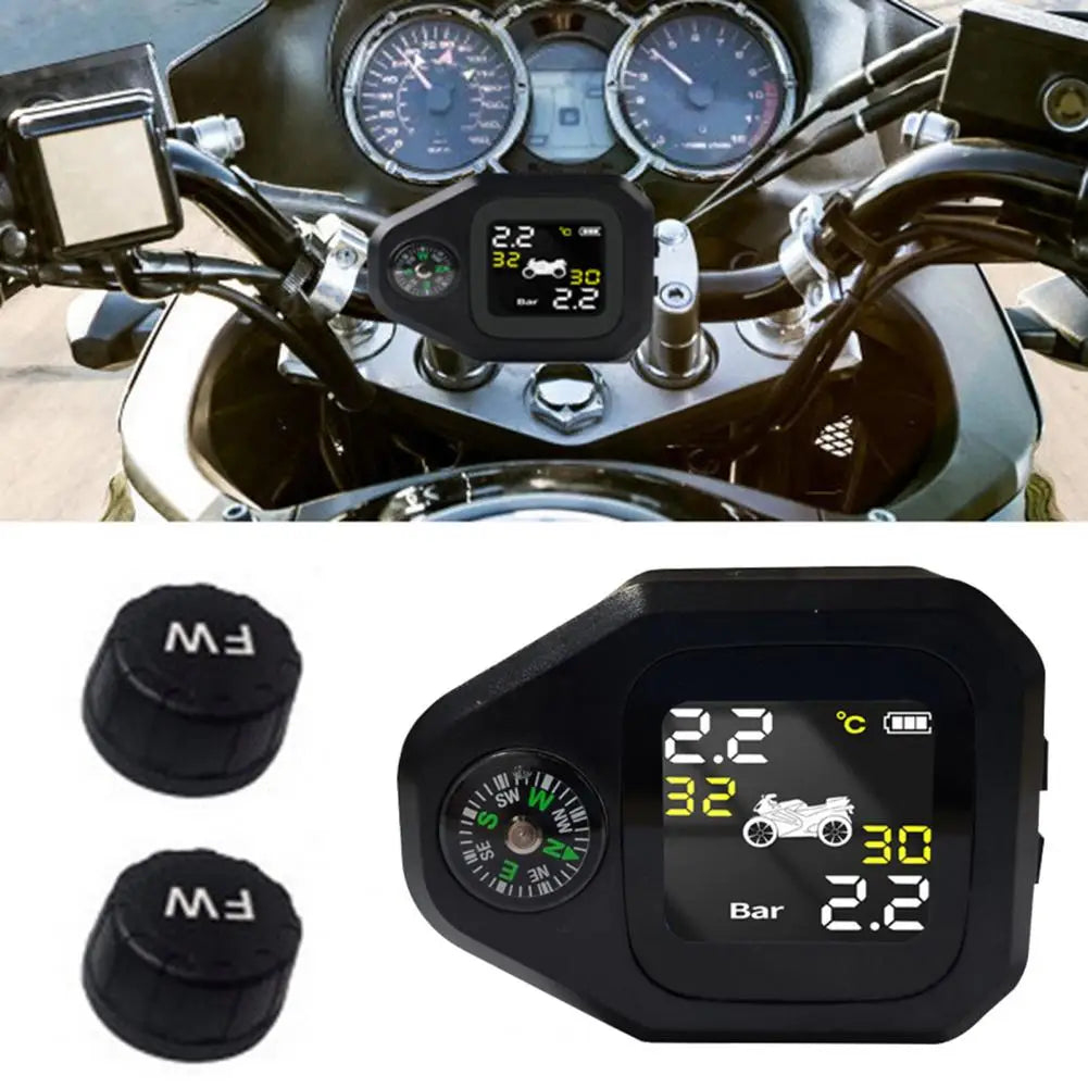 Motorcycle TPMS with Compass Dustproof LCD Screen High-Precision External Sensor Tire Pressure Monitor for Motorcycle Quake