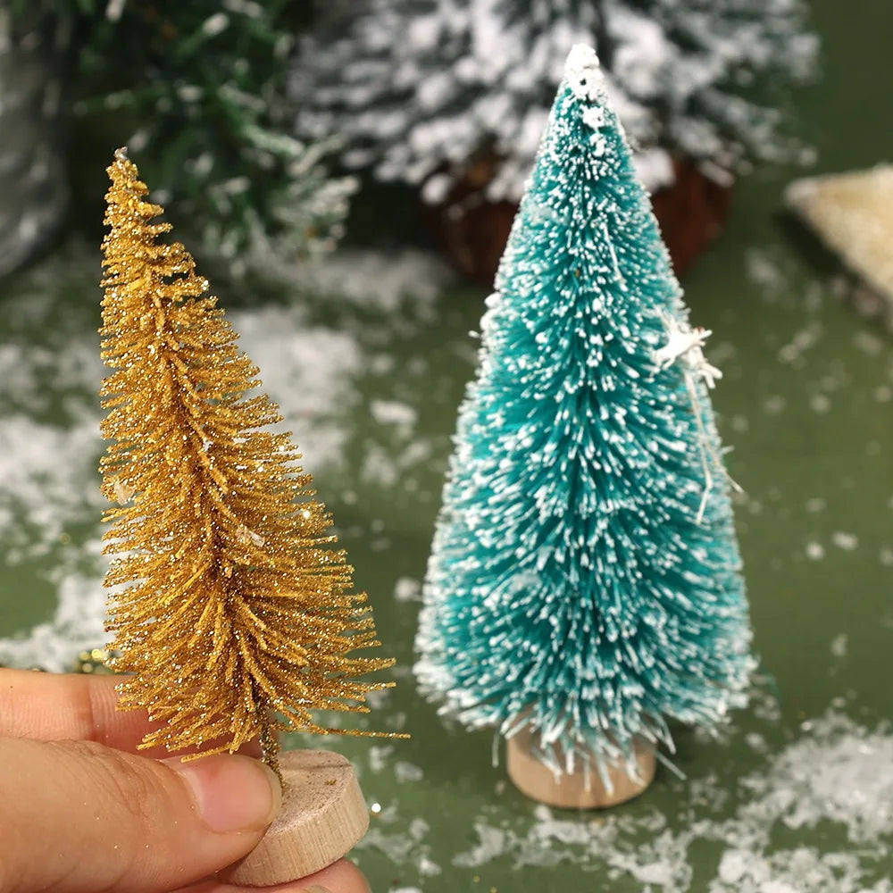 27/9PCS Mini Christmas Tree Artificial Miniature Pine Tabletop Tree Wood Base Xmas Ornaments Christmas Crafting Party Decoration Quake