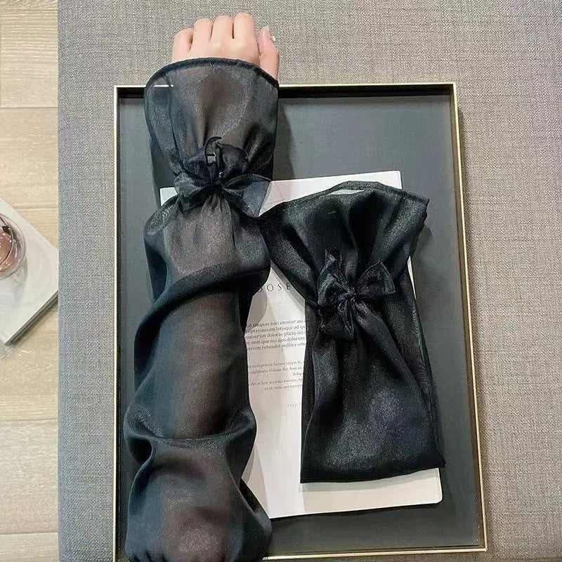 Elegant Sheer Arm Sleeves with Black Bow Decor Sweet Feminine Sun Protection Accessory for Dresses and Outfits Quake