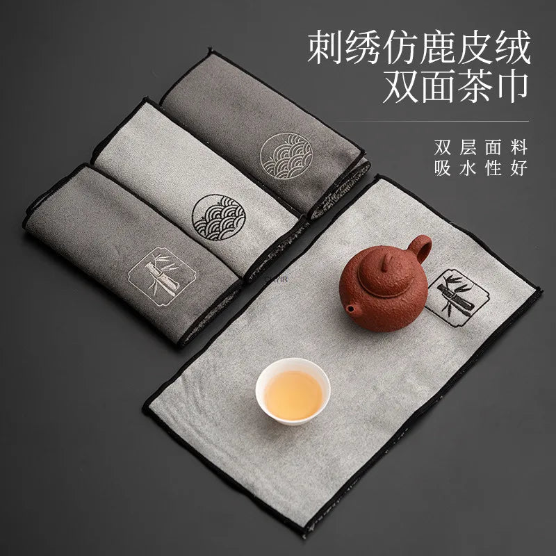 Embroidered Imitation Deer Skin Velvet Double-sided Tea Towel Zen Minimalist Tea Cloth Tea Mat Teapot Care Towel Kung Fu Tea Set Quake