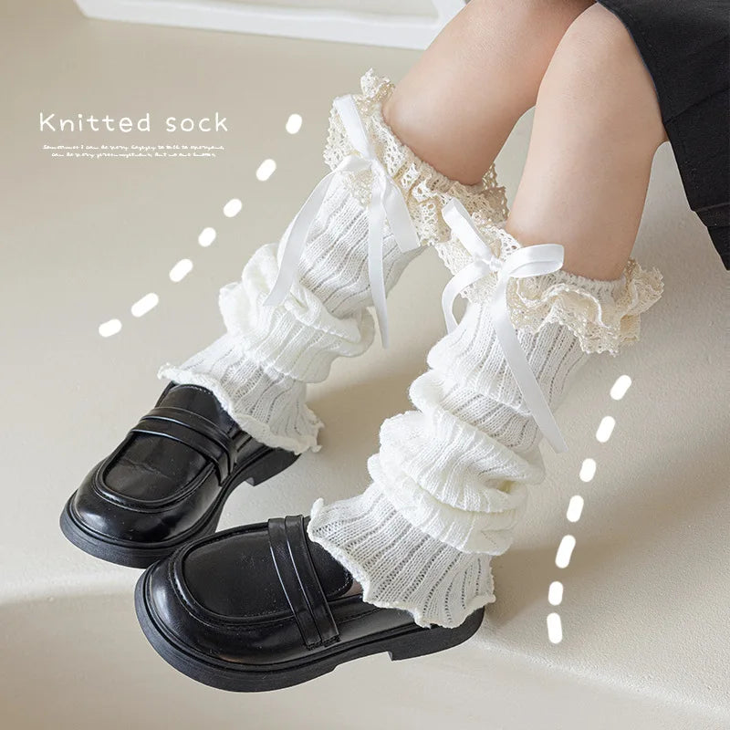 1 pair Y2K Lace Ribbon Leg Warmers Women Autumn Winter Ballet Style Lolita Knee Warmers JK Knitted Long Stockings Quake