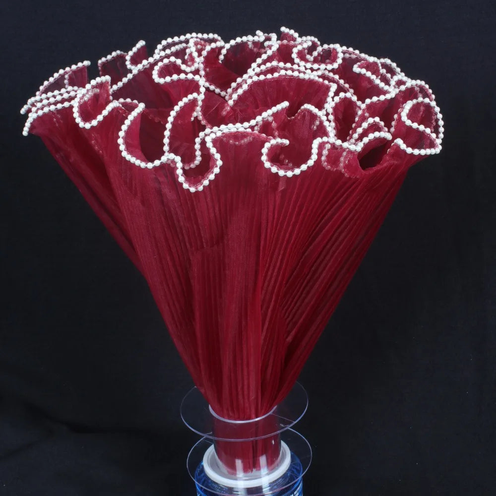 28cmx4Yards Flower Bouquet Wrapping Lace Mesh Material Pearl Wave Yarn Florist Packaging Pearl Edges Flower Wrapping Paper Quake Wine Red one size
