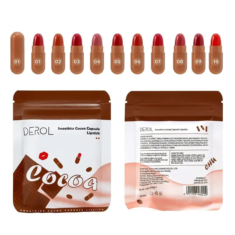 10Pcs Chocolate Mini Lipstick Set,Long-Lasting Matte Velvet Lipstick,Creamy Texture,Non-sticky Cup Design for all Skin Types Quake 01