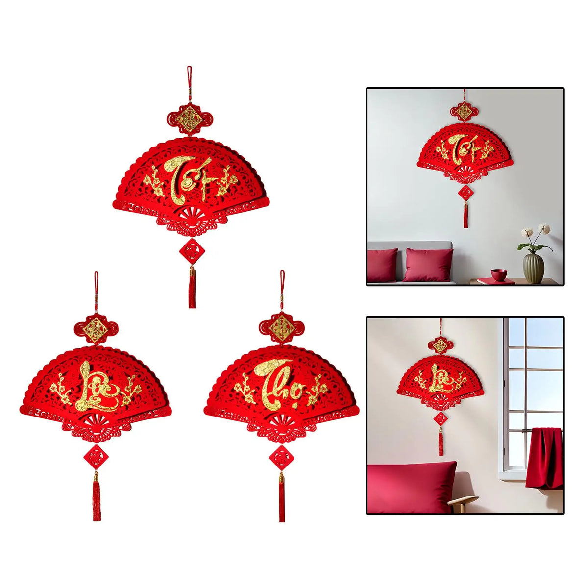 Blessing Tassle Red Paper Fan Hanging Ornament Party Decoration for Vietnamese New Year Festival Decor Quake