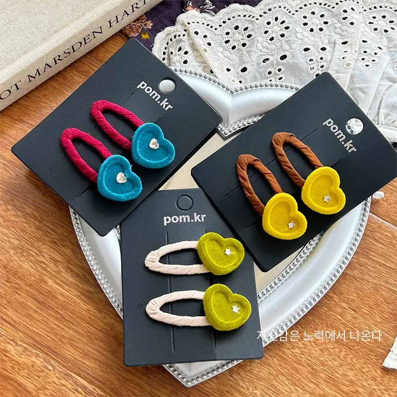 Candy Color Velvet Love Heart Hair Clip Korean Sweet Cute Bangs Hairpin Princess Head Small Side Clip Hair Styling Accessories Quake