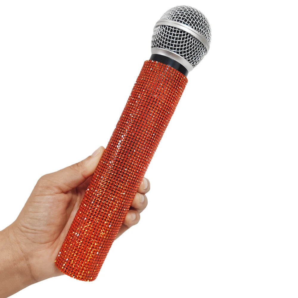 Rhinestone Simulation Microphone Props Colorful Plastic Fake Mic Decoration Ornaments For Home Bar Party Photography Cosplay Quake orang red
