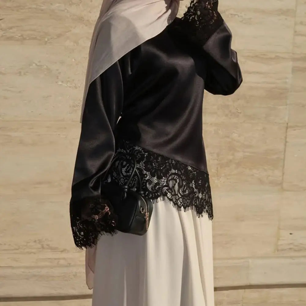 Fashion Belted Waist Lace Patchwork Top Asymmetrical Design Solid Color Lace-up Top Elegant Irregular Hemline Long Sleeves Women Quake